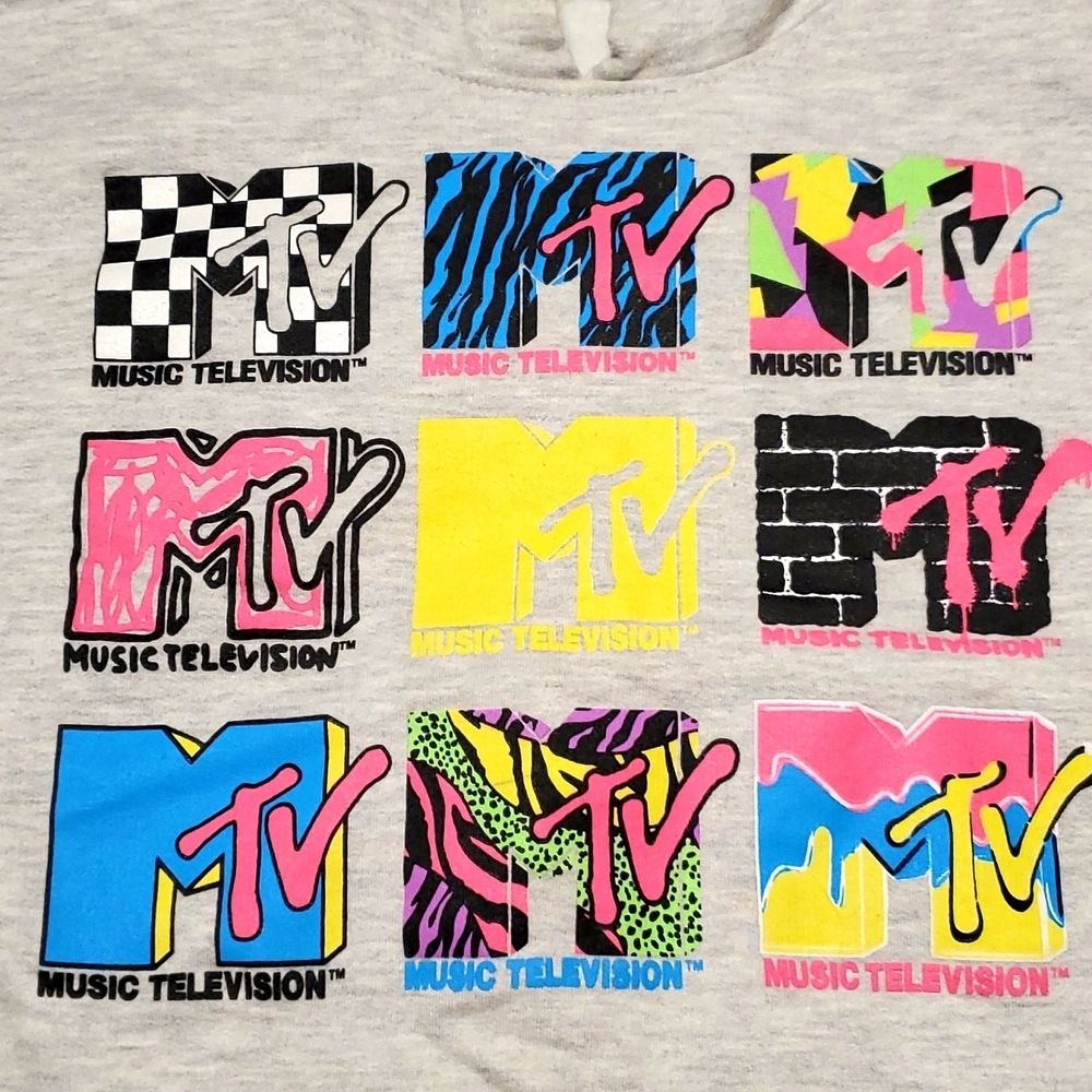 Retro MTV Logo Hooded Fleece Sweatshirt Gray Size Large
